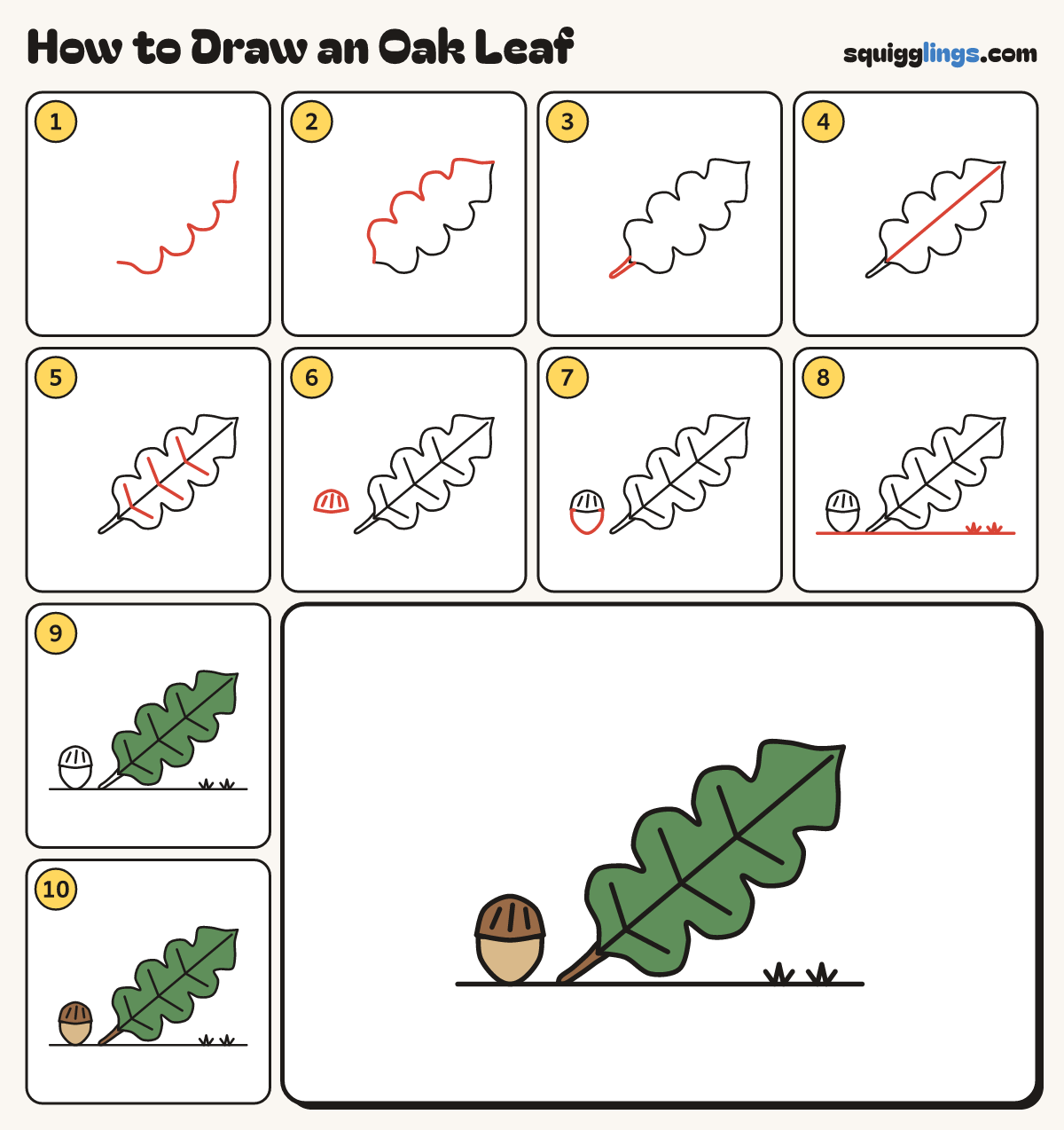 How to Draw an Oak Leaf step by step: all 10 steps in one picture