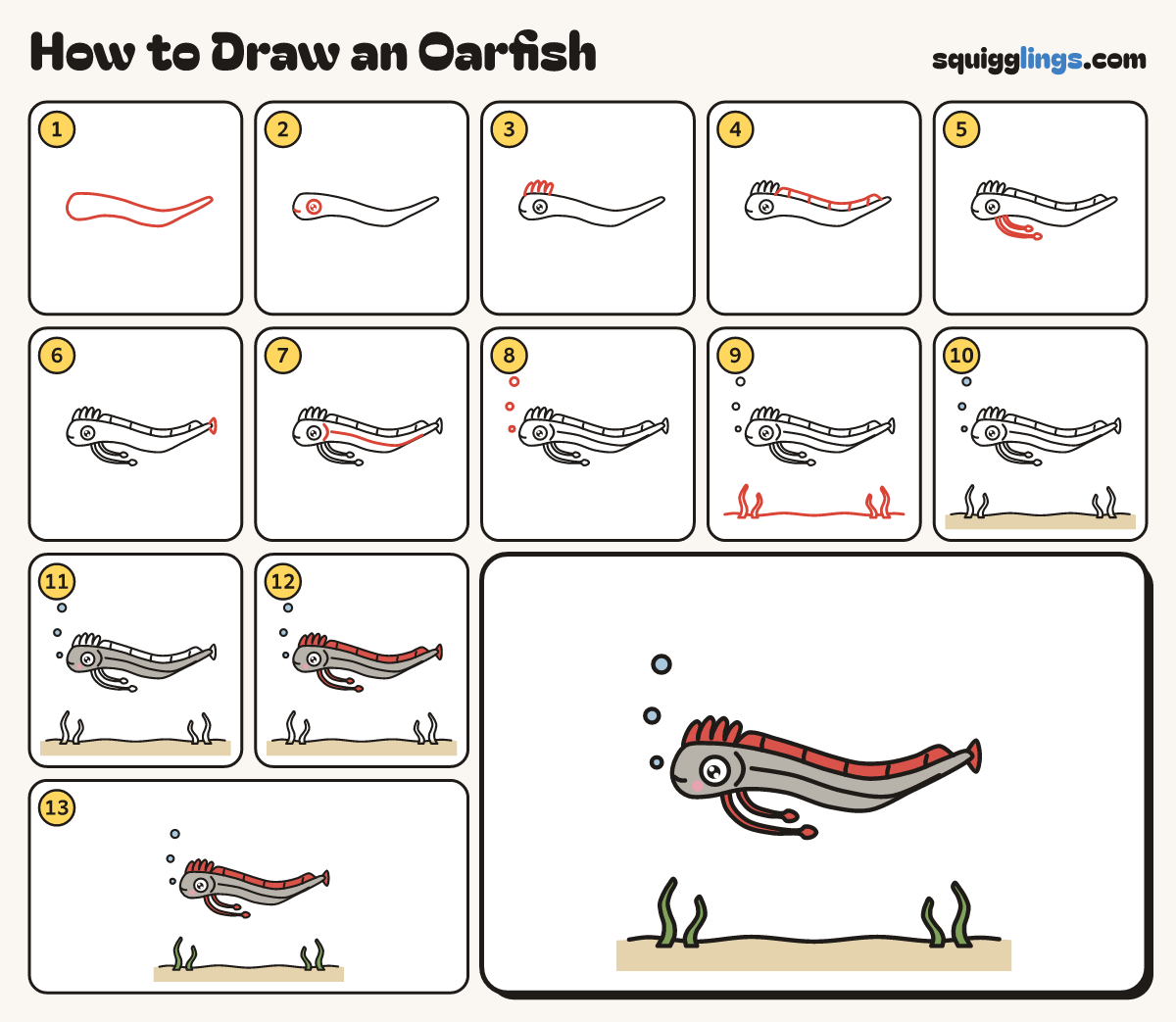 How to Draw an Oarfish step by step: all 13 steps in one picture