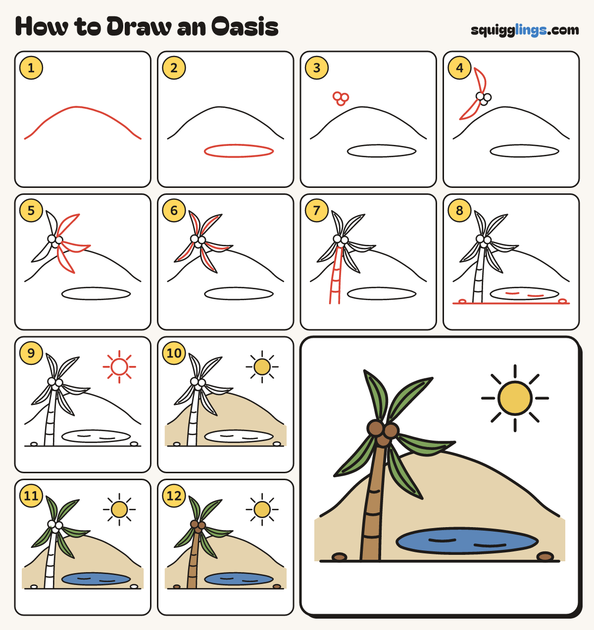 How to Draw an Oasis step by step: all 12 steps in one picture
