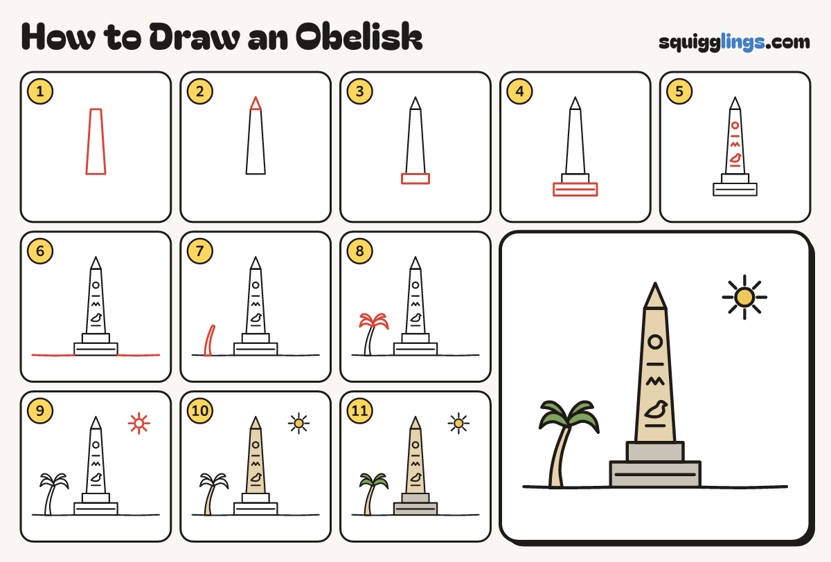 How to Draw an Obelisk step by step: all 11 steps in one picture