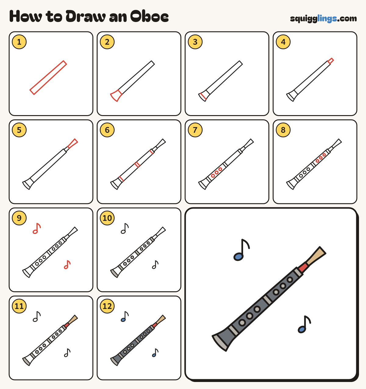 How to Draw an Oboe step by step: all 12 steps in one picture