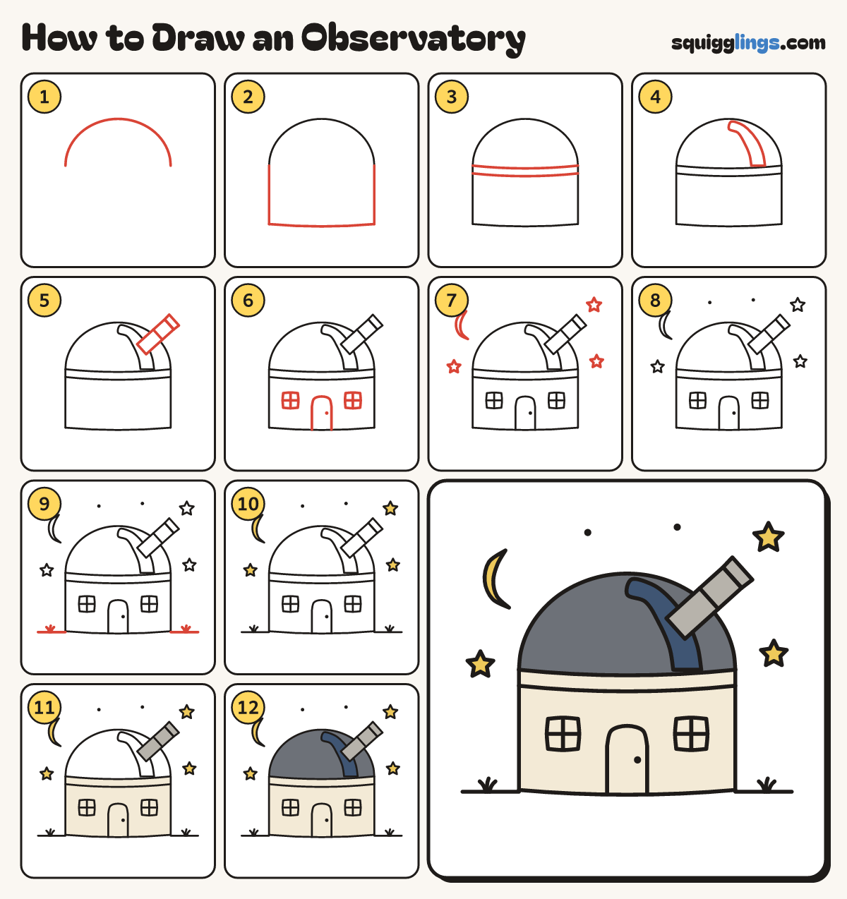How to Draw an Observatory step by step: all 12 steps in one picture