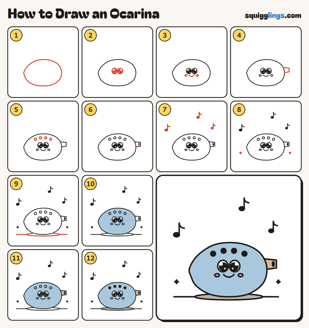 How to Draw an Ocarina step by step: all 12 steps in one picture