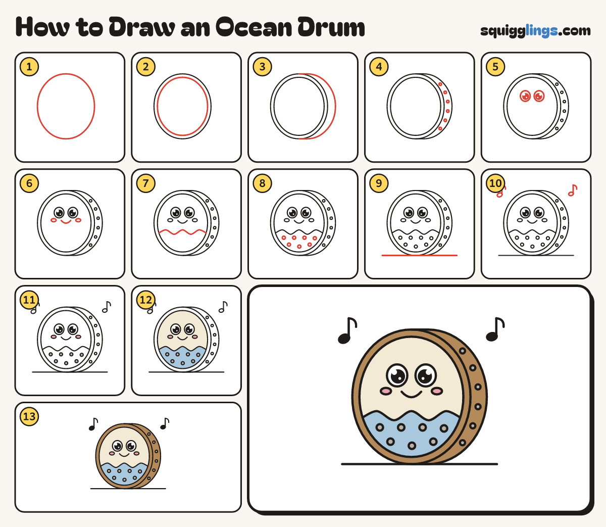 How to Draw an Ocean Drum step by step: all 13 steps in one picture