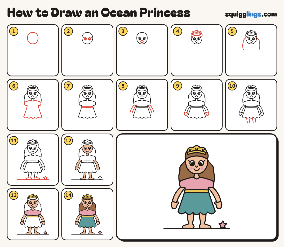How to Draw an Ocean Princess step by step: all 14 steps in one picture