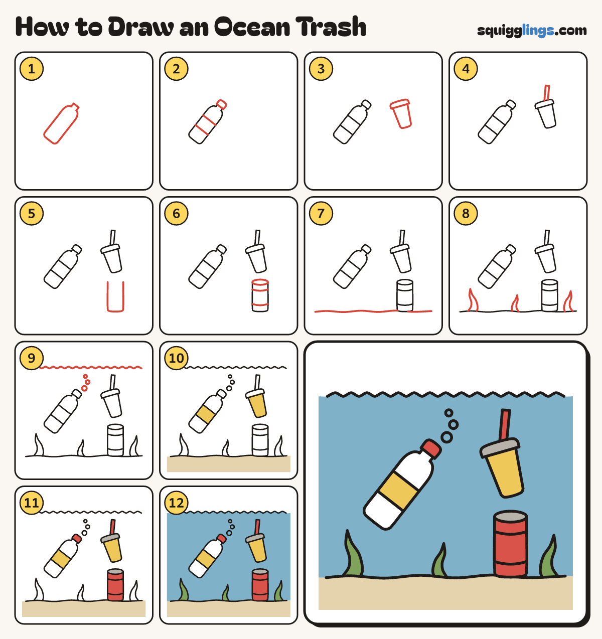 How to Draw an Ocean Trash step by step: all 12 steps in one picture