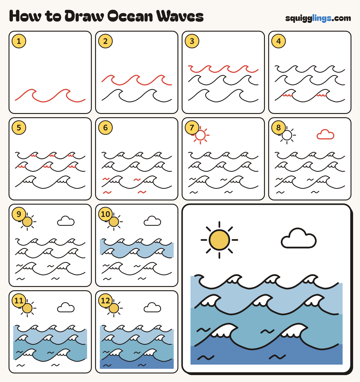How to Draw Ocean Waves step by step: all 12 steps in one picture