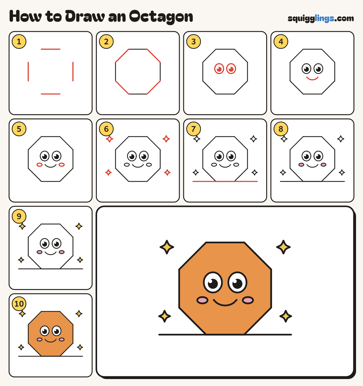 How to Draw an Octagon step by step: all 10 steps in one picture