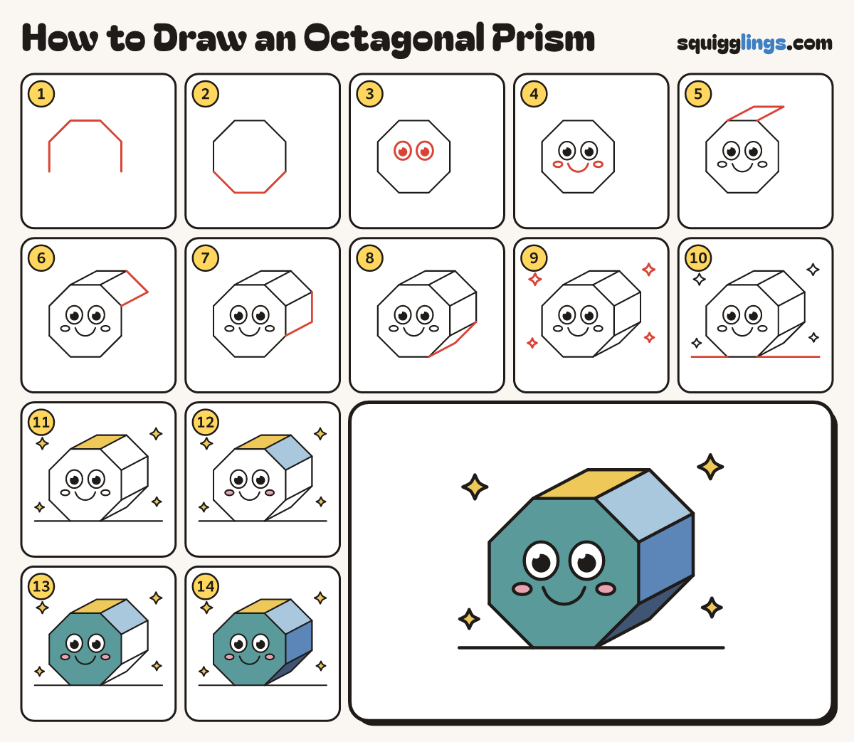 How to Draw an Octagonal Prism step by step: all 14 steps in one picture