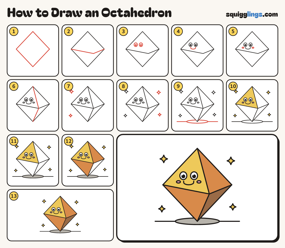How to Draw an Octahedron step by step: all 13 steps in one picture