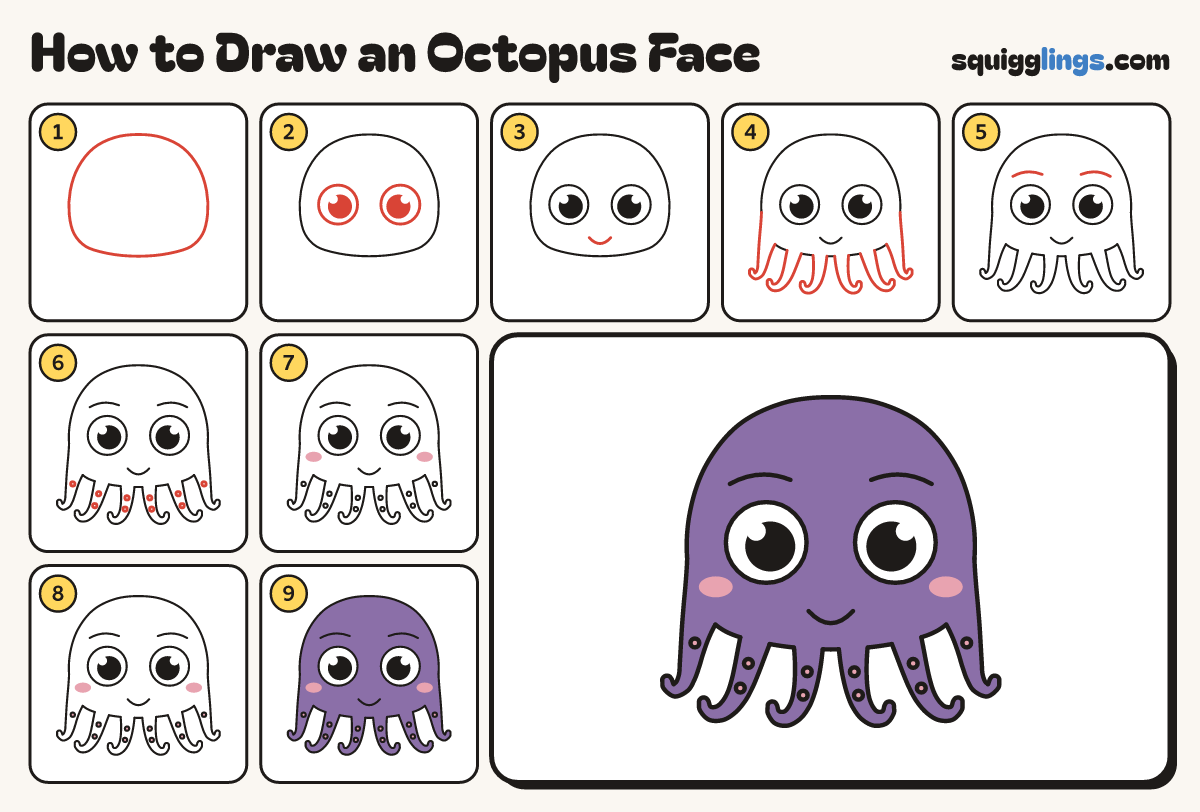 How to Draw an Octopus Face step by step: all 9 steps in one picture