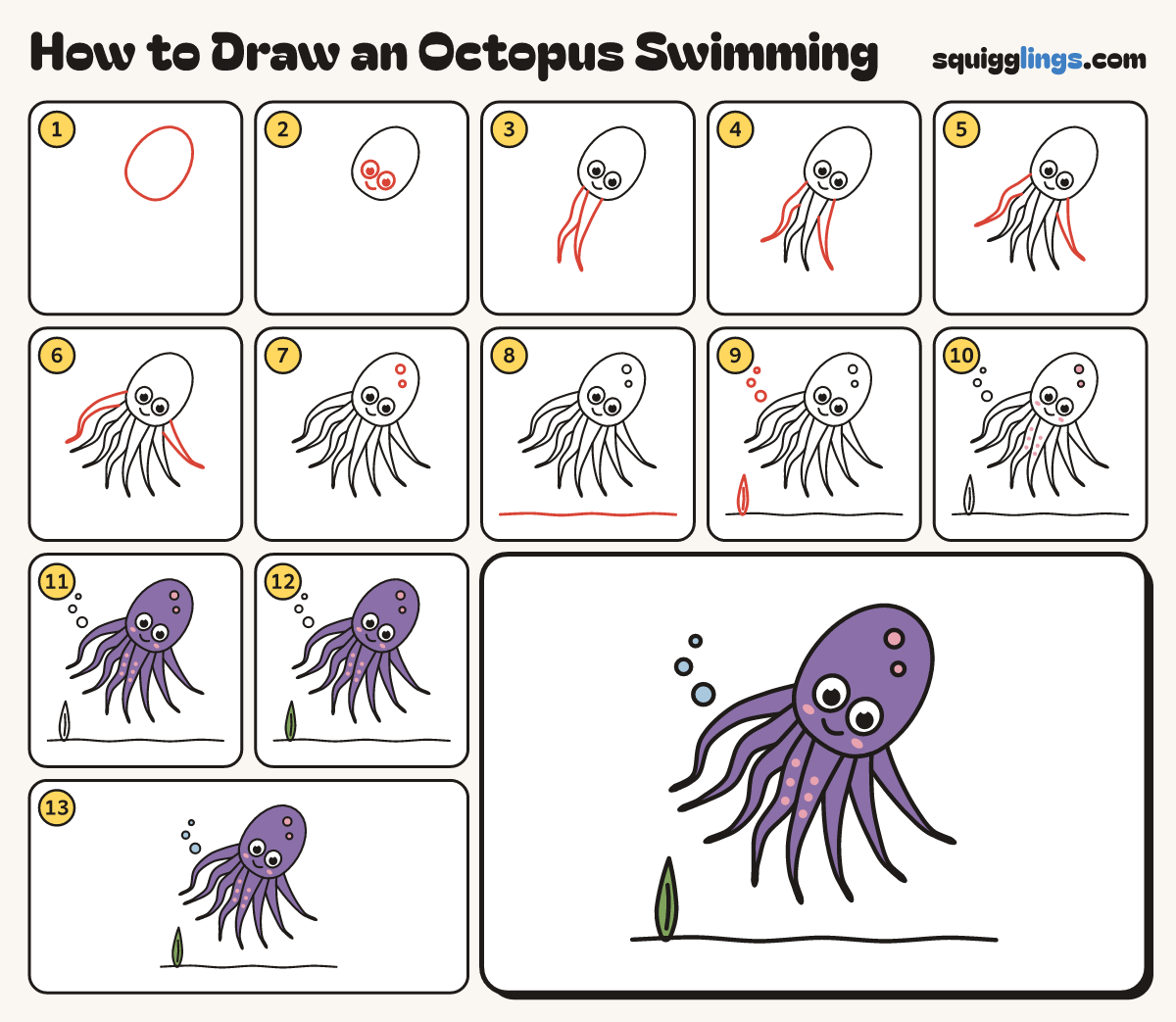 How to Draw an Octopus Swimming step by step: all 13 steps in one picture