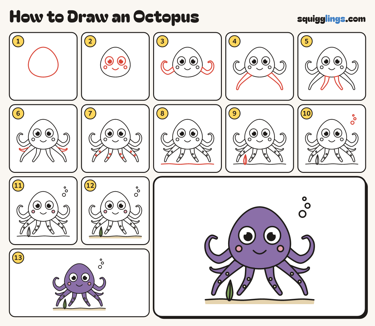 How to Draw an Octopus step by step: all 13 steps in one picture