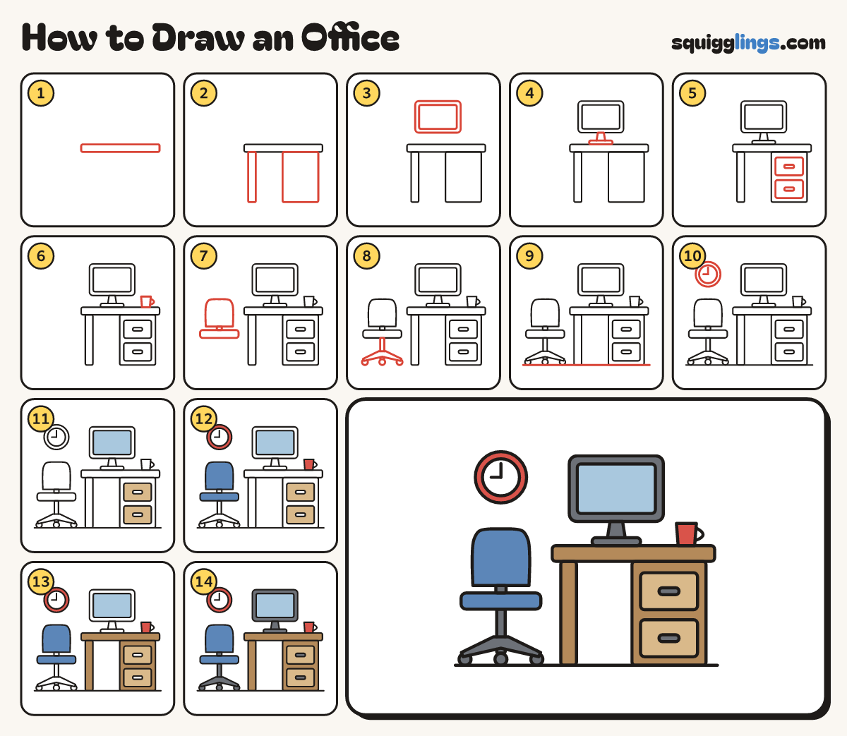 How to Draw an Office step by step: all 14 steps in one picture