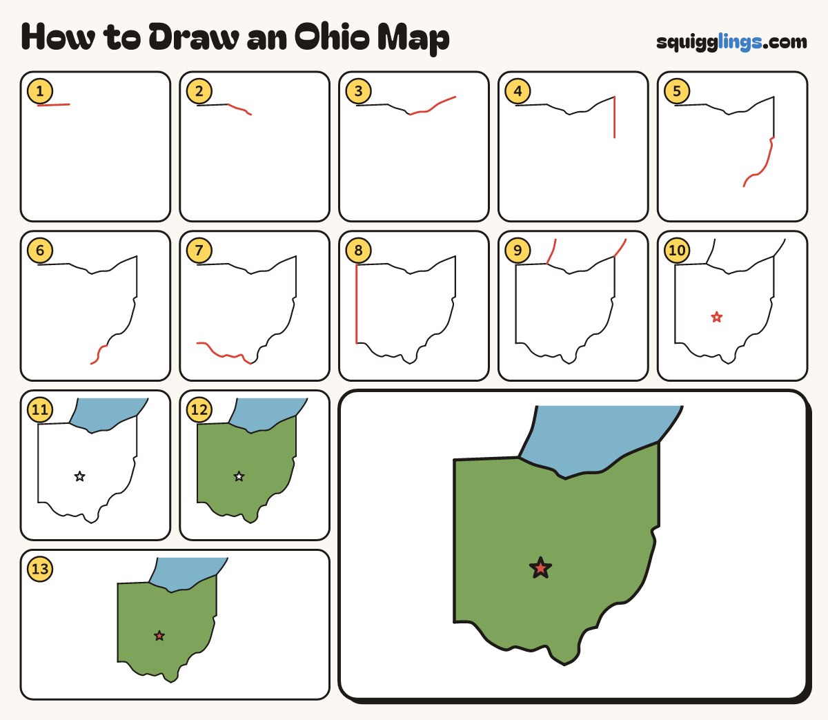 How to Draw an Ohio Map step by step: all 13 steps in one picture
