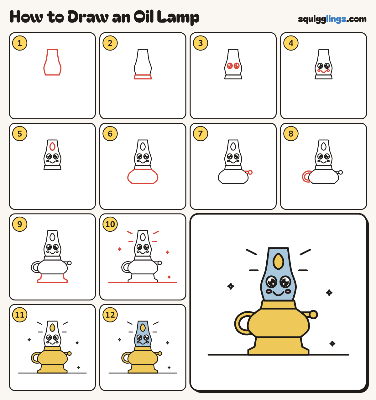 How to Draw an Oil Lamp step by step: all 12 steps in one picture