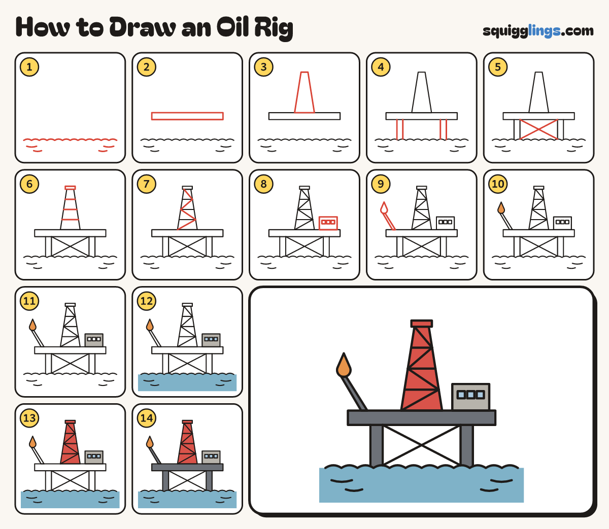 How to Draw an Oil Rig step by step: all 14 steps in one picture