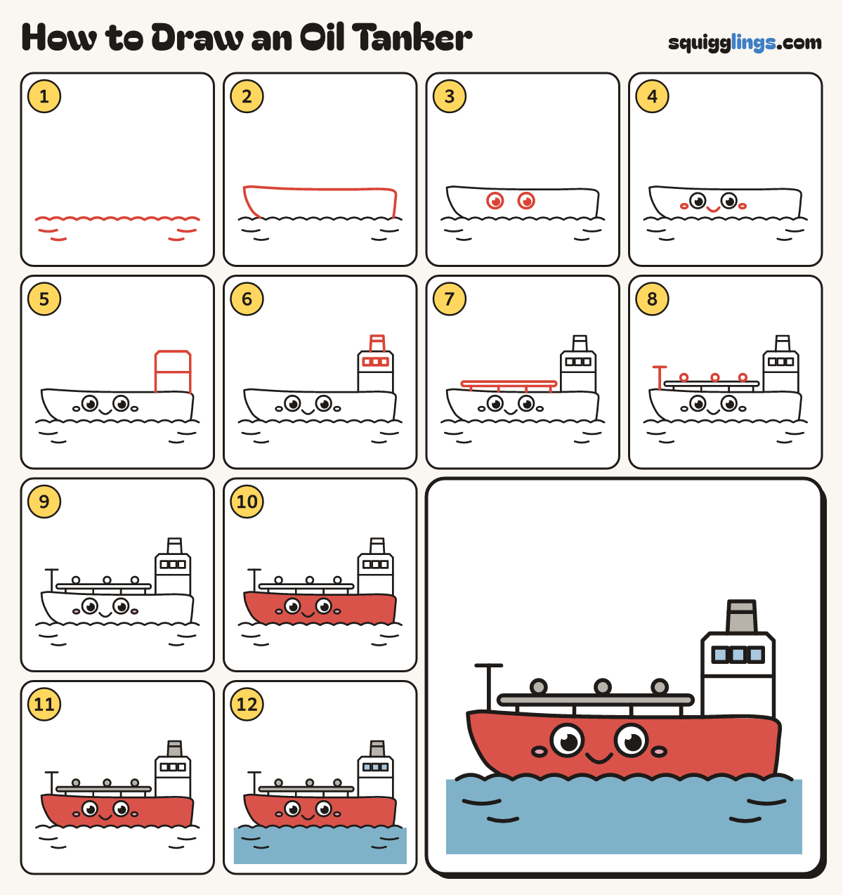 How to Draw an Oil Tanker step by step: all 12 steps in one picture
