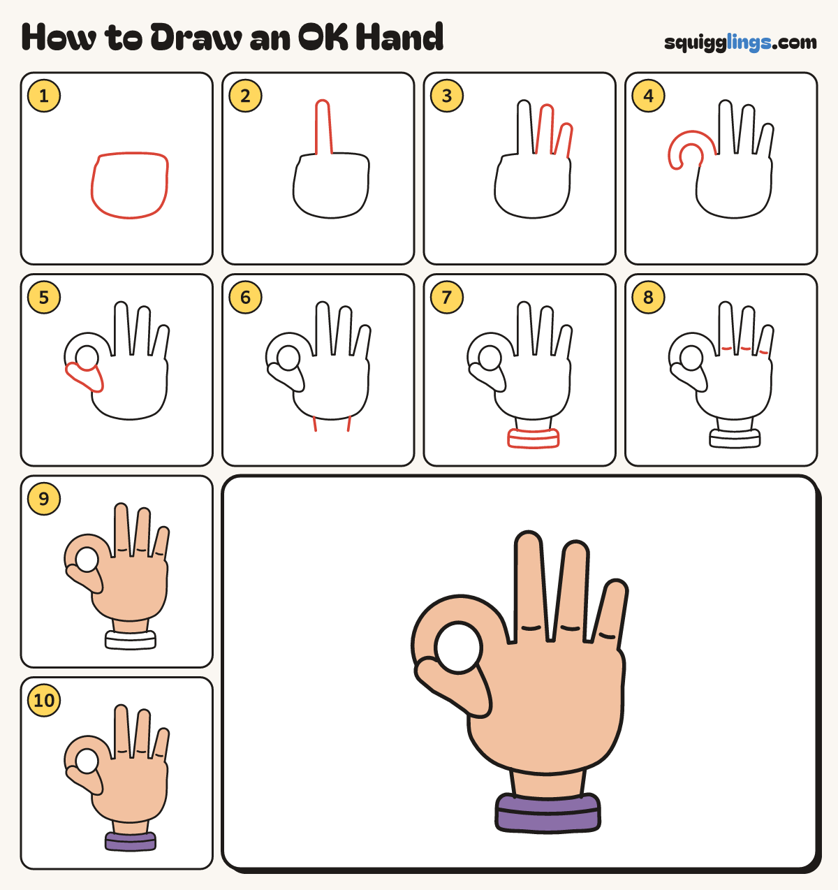 How to Draw an OK Hand step by step: all 10 steps in one picture