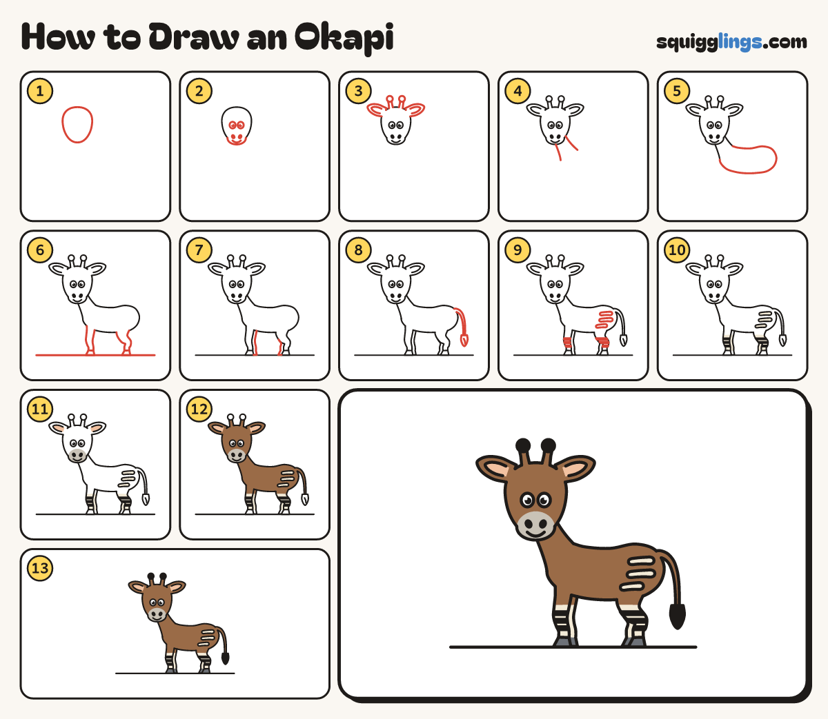 How to Draw an Okapi step by step: all 13 steps in one picture