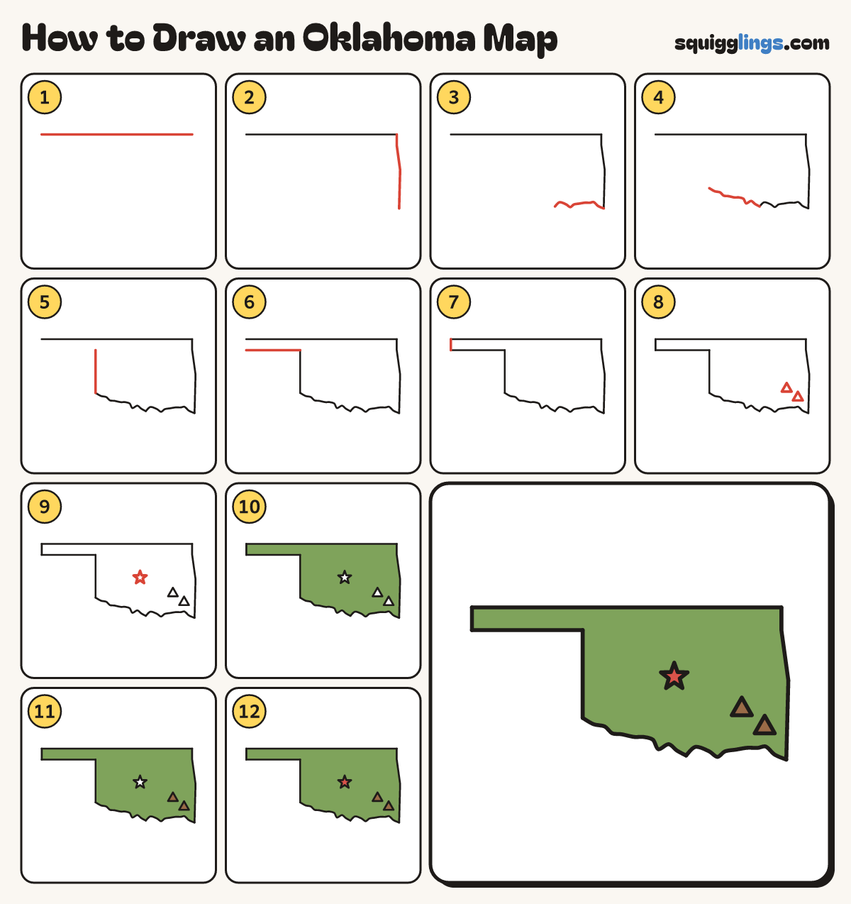 How to Draw an Oklahoma Map step by step: all 12 steps in one picture