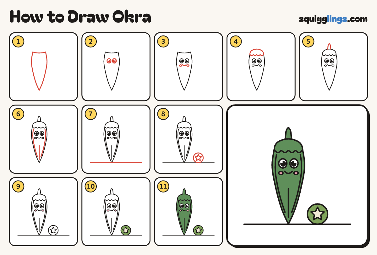 How to Draw Okra step by step: all 11 steps in one picture