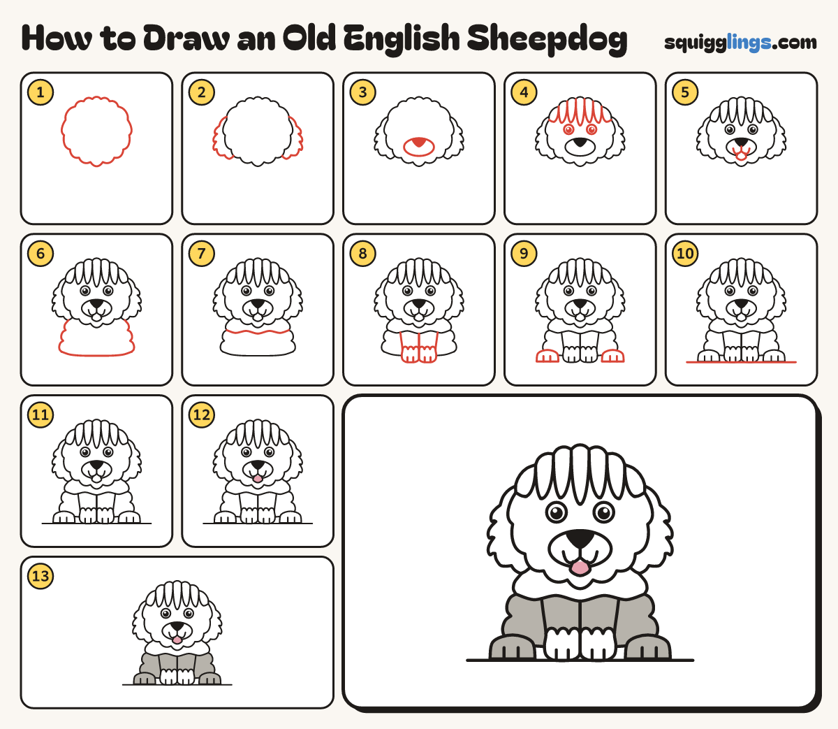 How to Draw an Old English Sheepdog step by step: all 13 steps in one picture