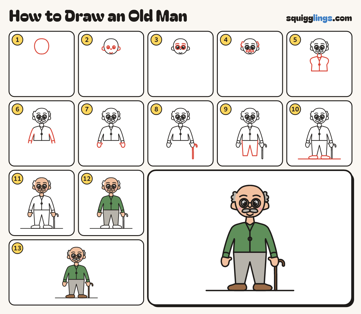 How to Draw an Old Man step by step: all 13 steps in one picture