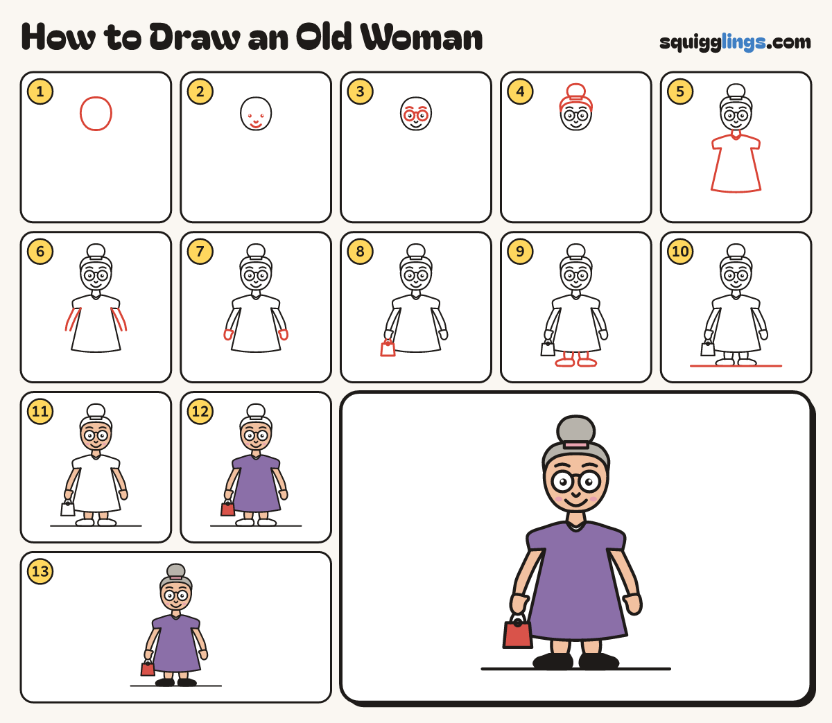 How to Draw an Old Woman step by step: all 13 steps in one picture