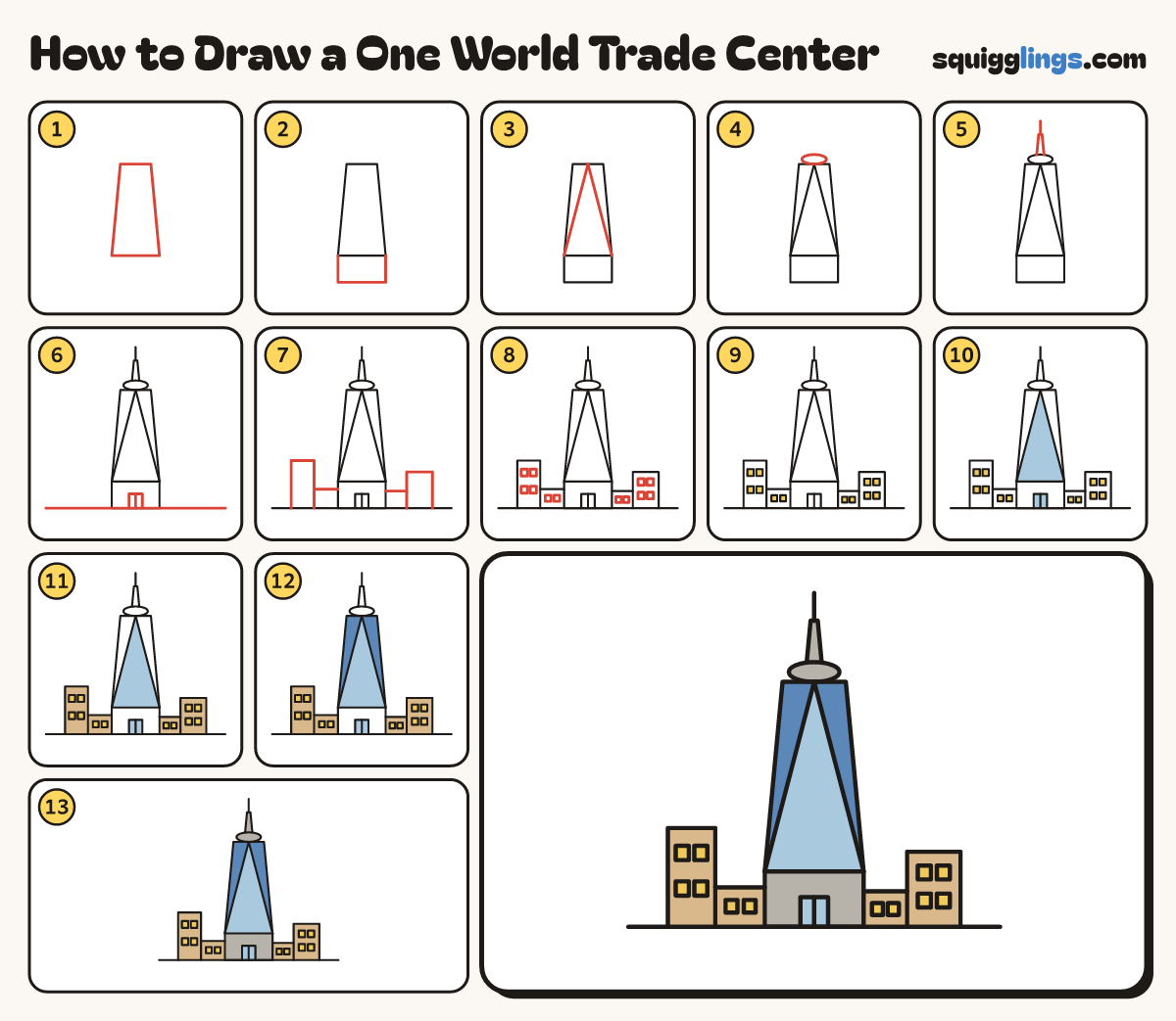 How to Draw a One World Trade Center step by step: all 13 steps in one picture