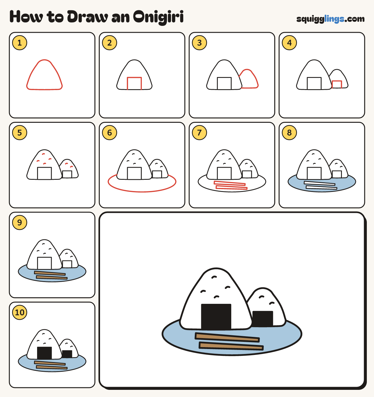 How to Draw an Onigiri step by step: all 10 steps in one picture