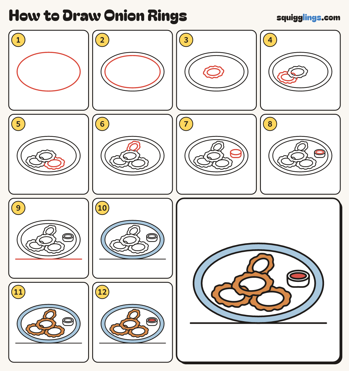 How to Draw Onion Rings step by step: all 12 steps in one picture