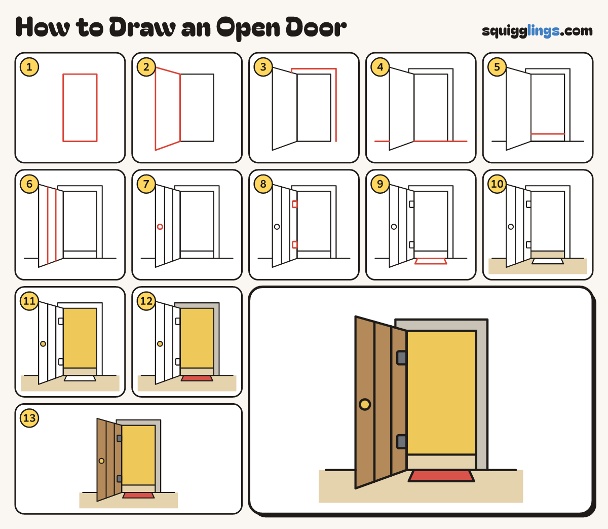 How to Draw an Open Door step by step: all 13 steps in one picture
