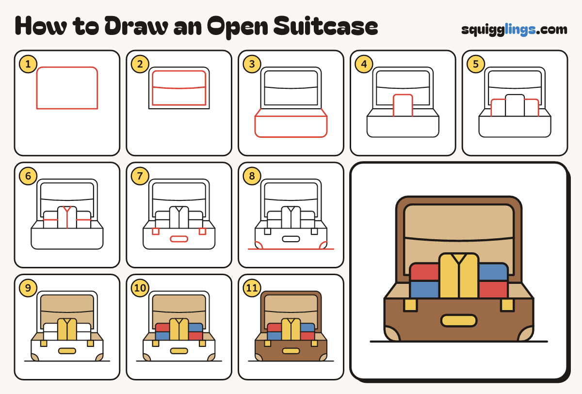 How to Draw an Open Suitcase step by step: all 11 steps in one picture