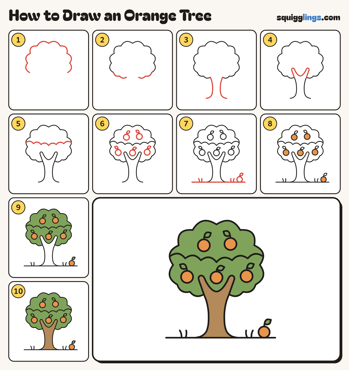 How to Draw an Orange Tree step by step: all 10 steps in one picture