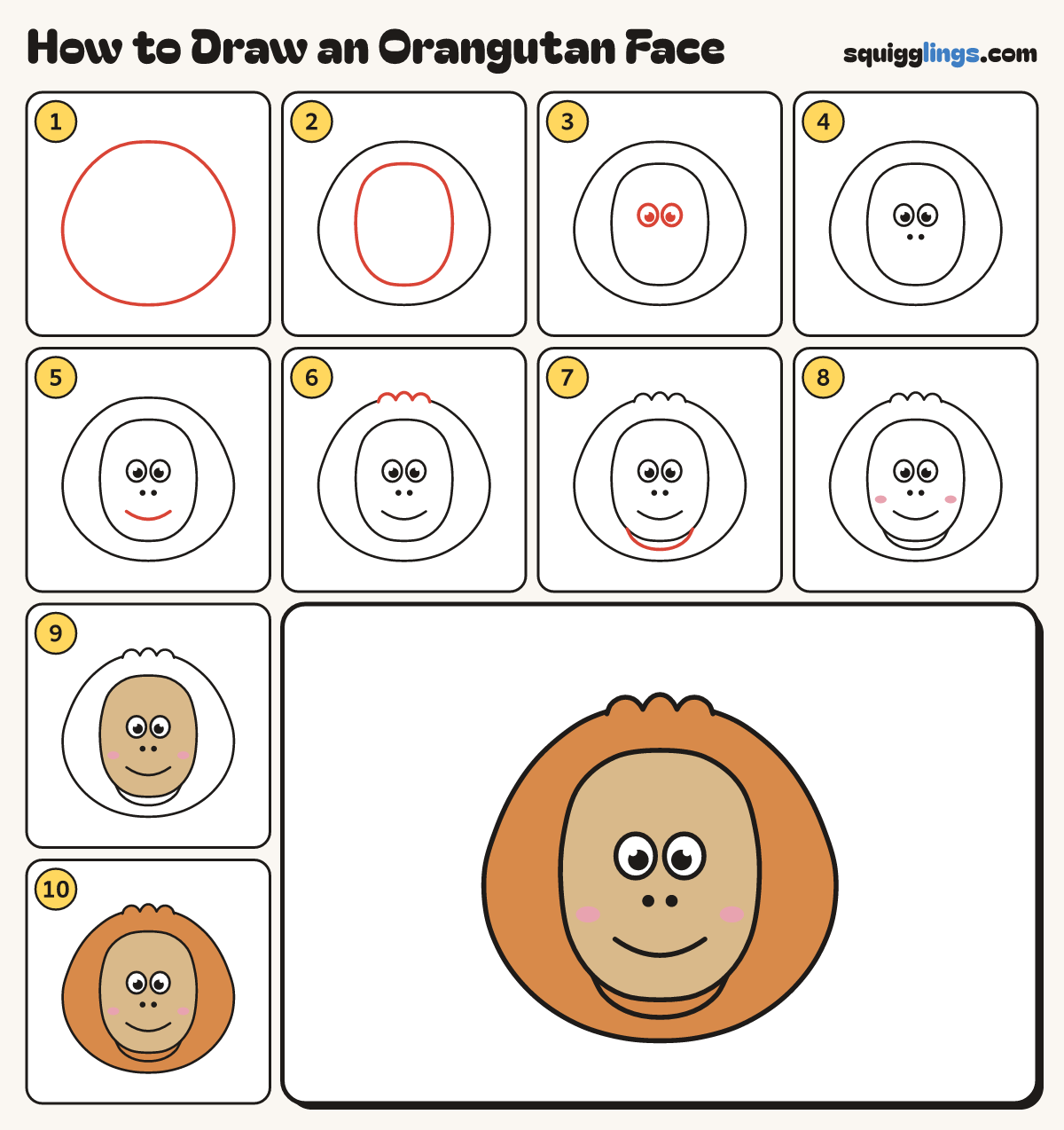 How to Draw an Orangutan Face step by step: all 10 steps in one picture