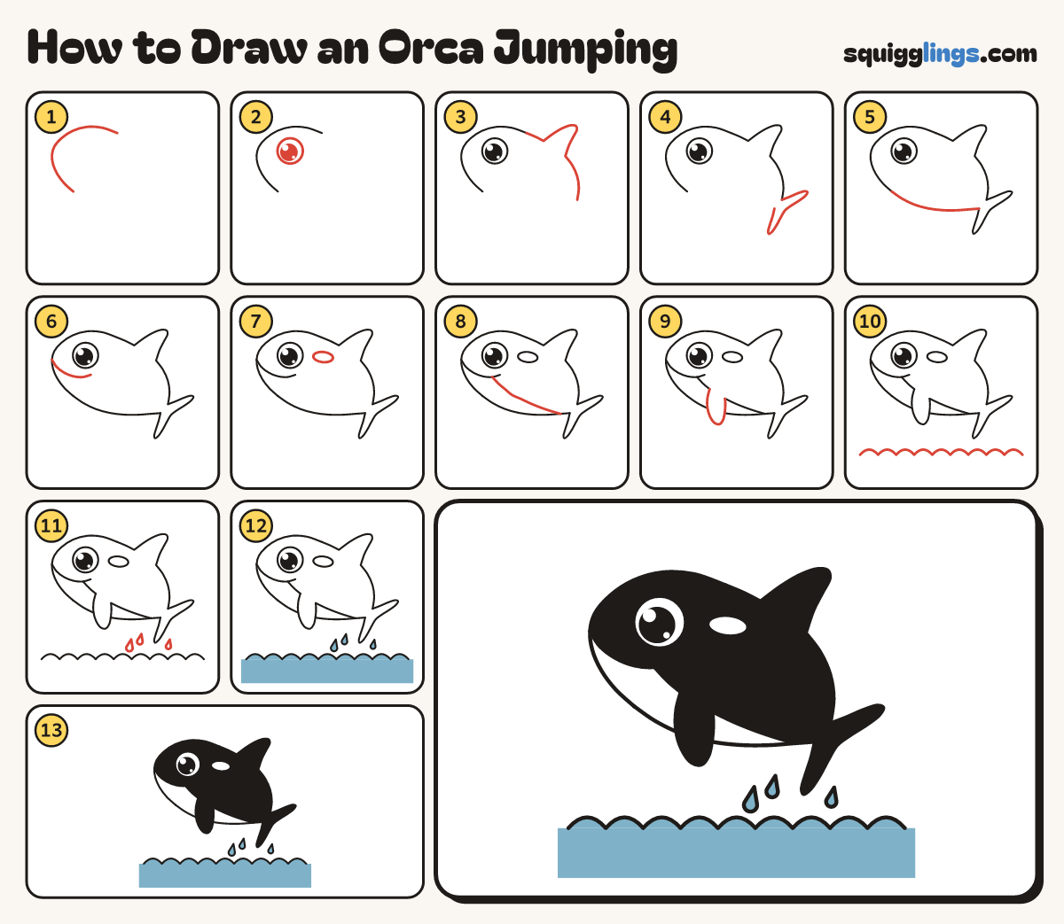 How to Draw an Orca Jumping step by step: all 13 steps in one picture