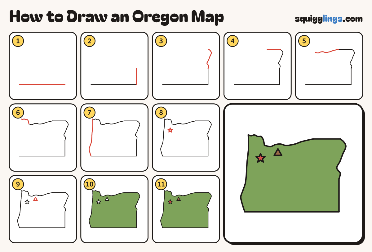 How to Draw an Oregon Map step by step: all 11 steps in one picture