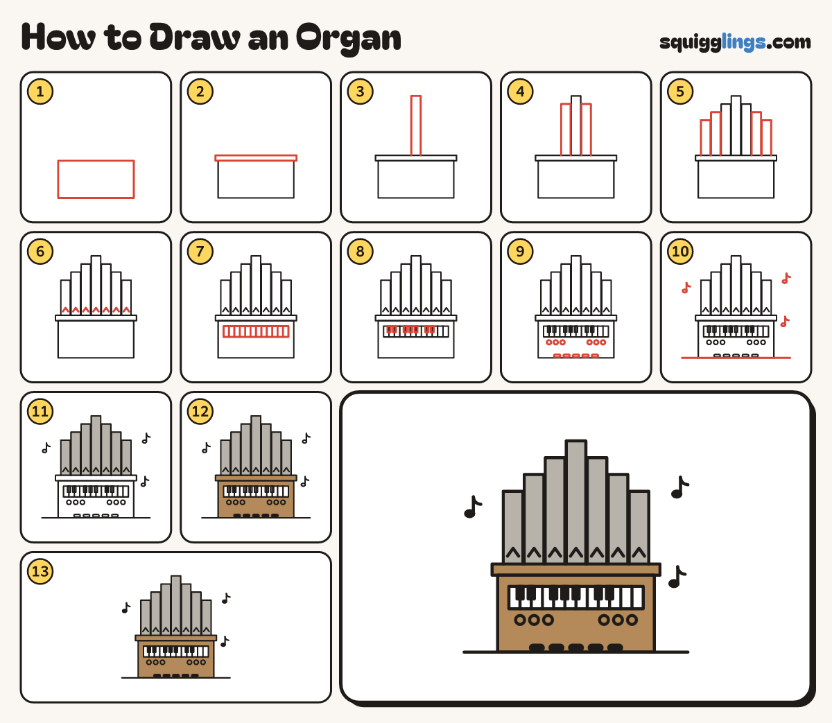 How to Draw an Organ step by step: all 13 steps in one picture