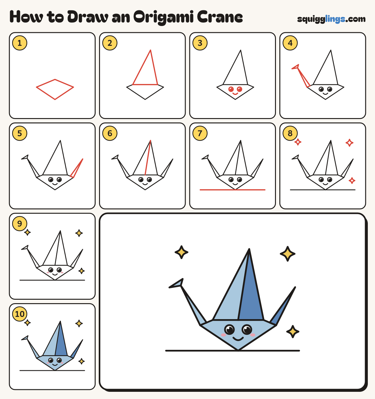 How to Draw an Origami Crane step by step: all 10 steps in one picture
