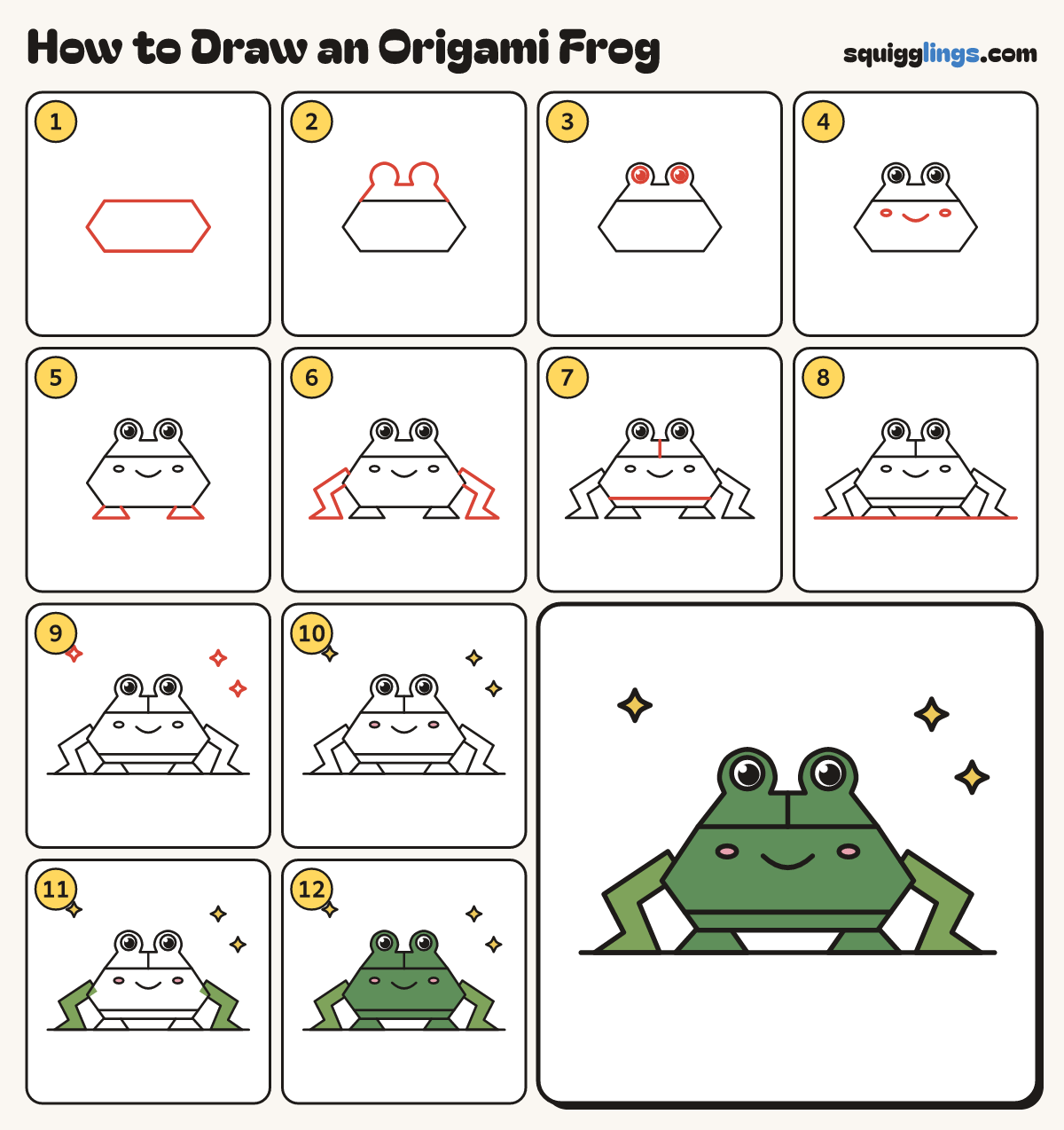 How to Draw an Origami Frog step by step: all 12 steps in one picture