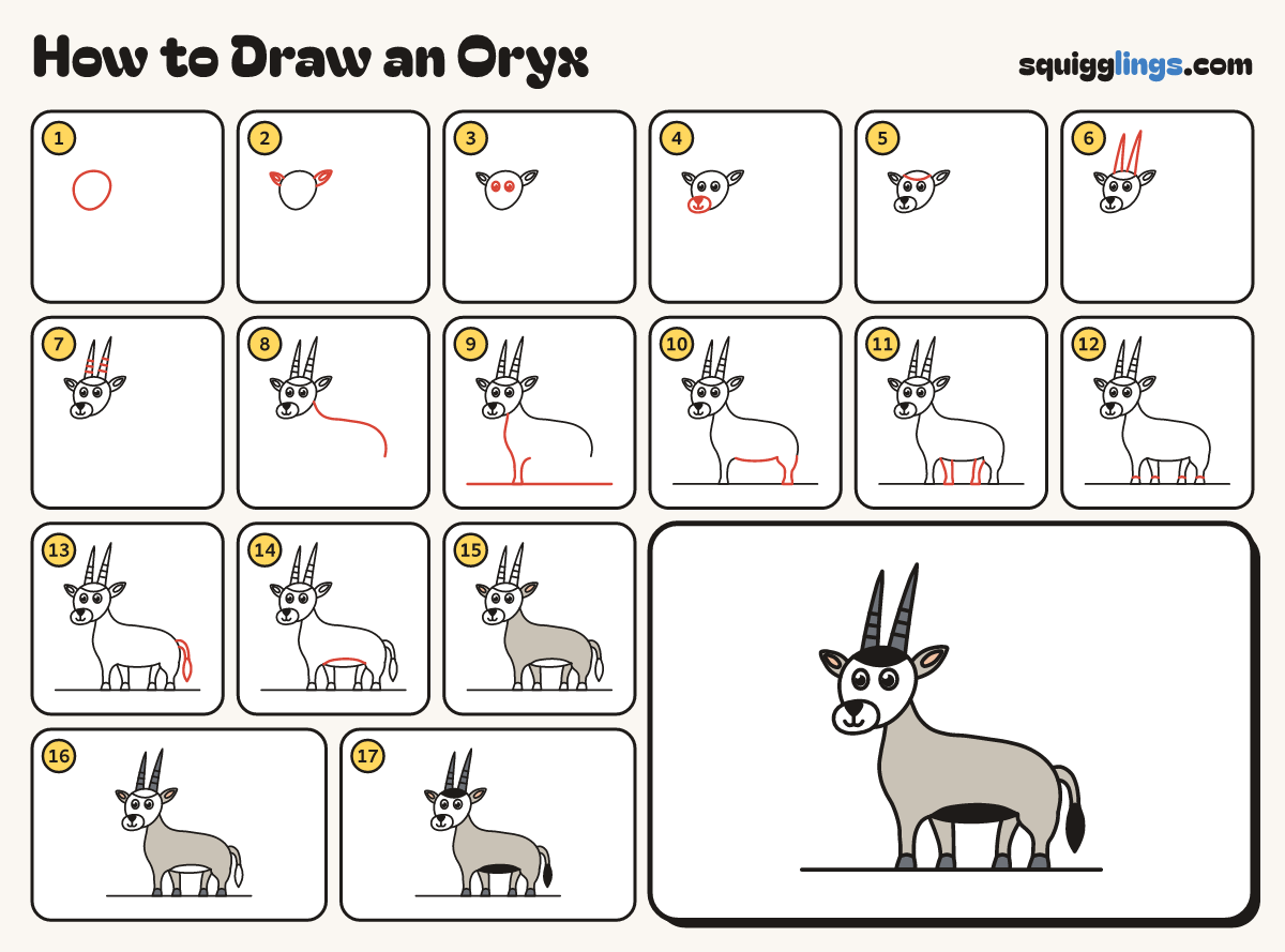 How to Draw an Oryx step by step: all 17 steps in one picture