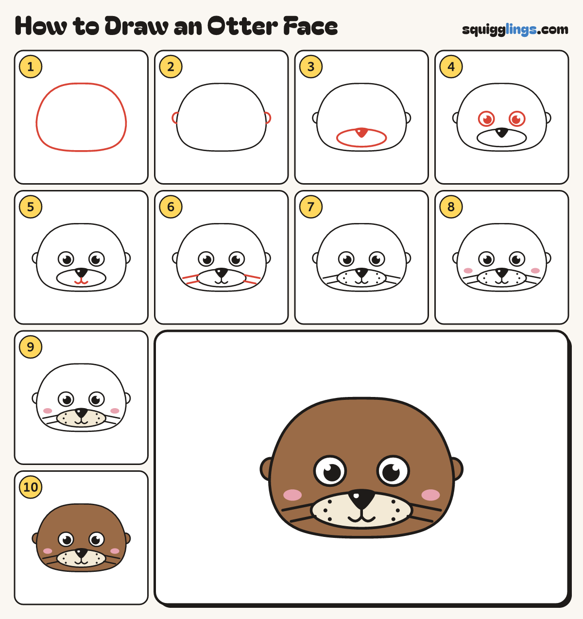 How to Draw an Otter Face step by step: all 10 steps in one picture