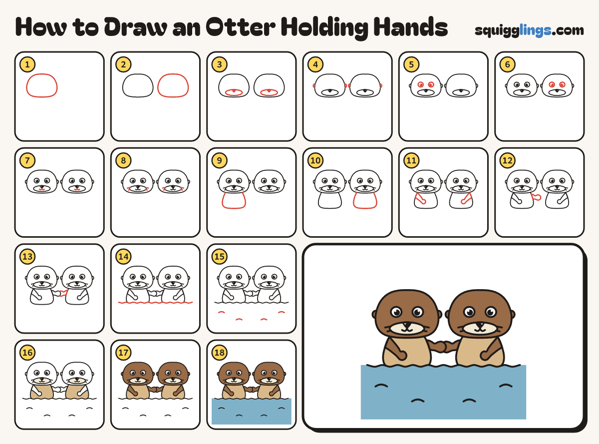 How to Draw an Otter Holding Hands step by step: all 18 steps in one picture