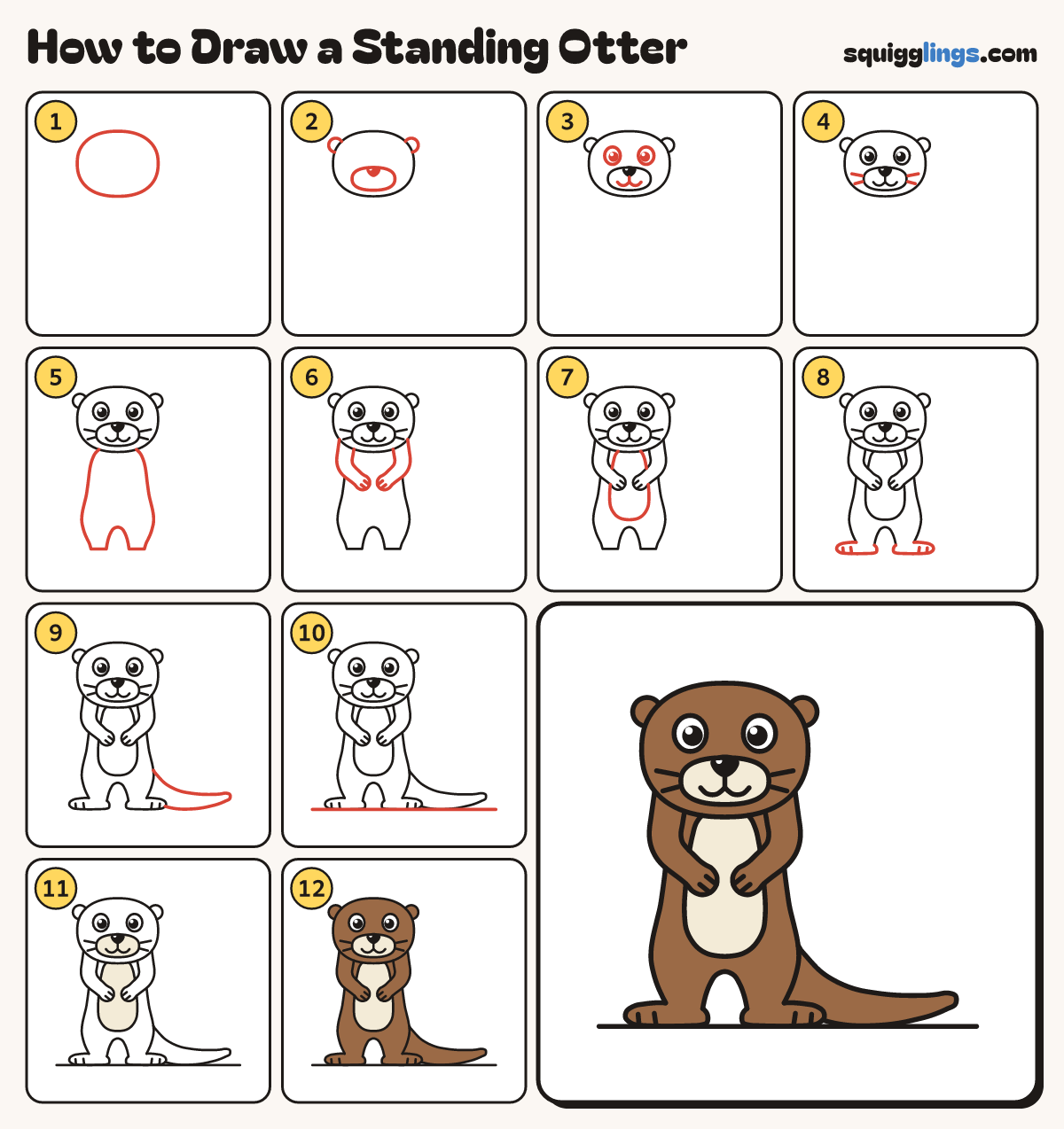 How to Draw a Standing Otter step by step: all 12 steps in one picture