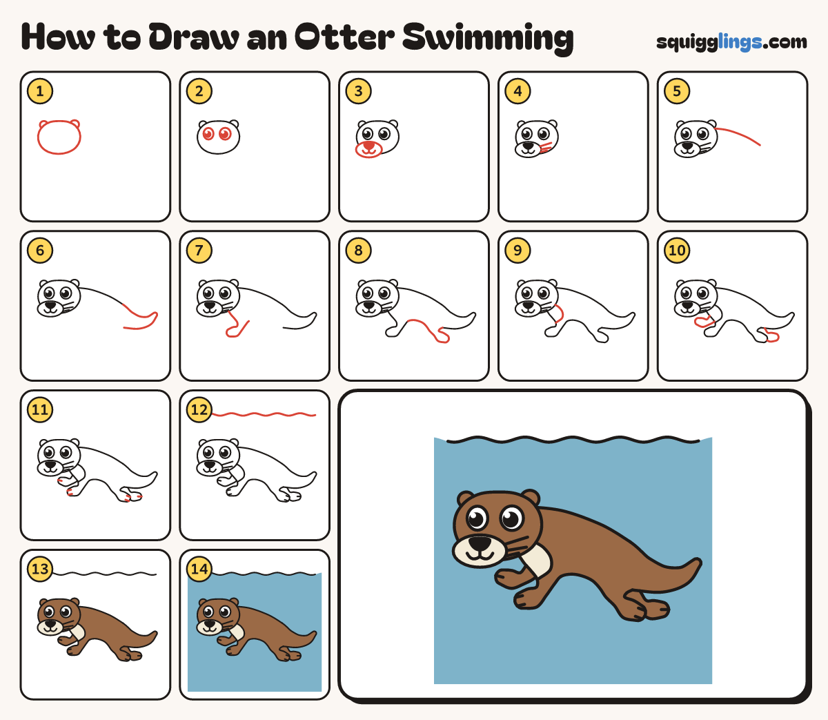 How to Draw an Otter Swimming step by step: all 14 steps in one picture