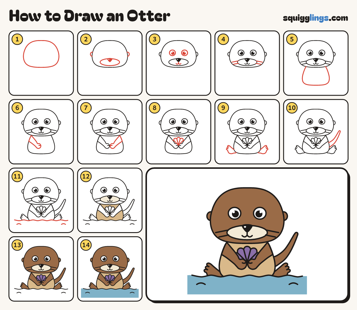 How to Draw an Otter step by step: all 14 steps in one picture