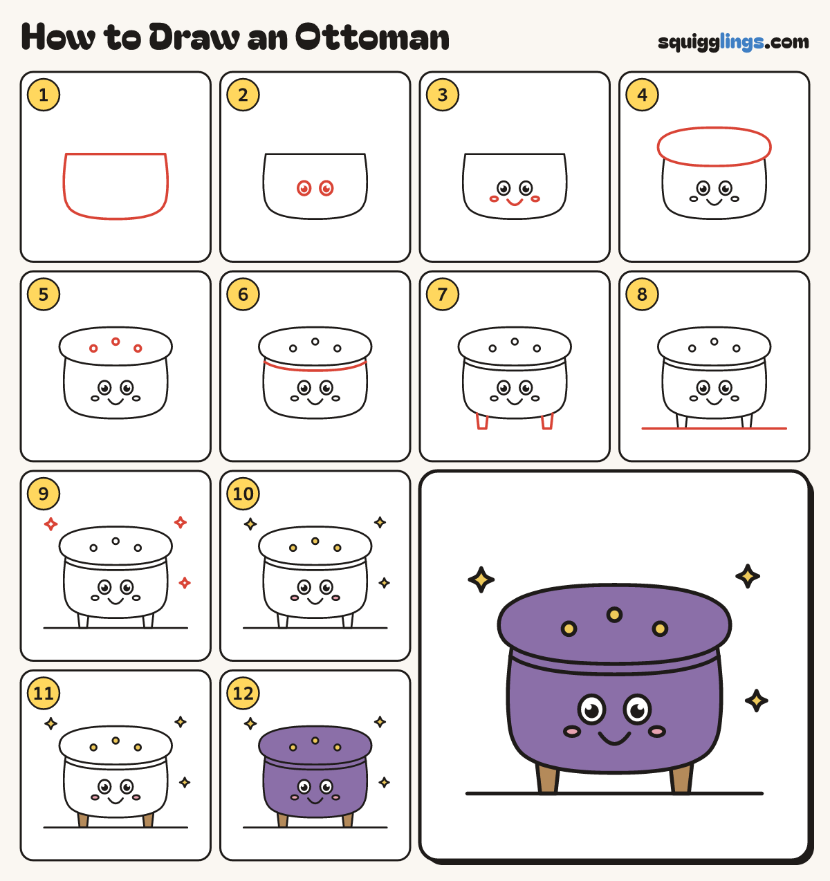 How to Draw an Ottoman step by step: all 12 steps in one picture