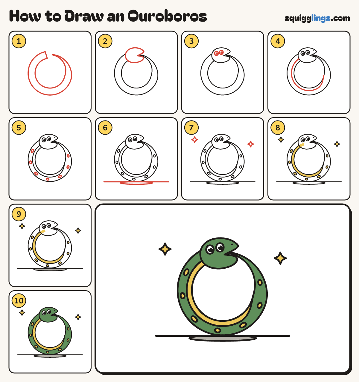 How to Draw an Ouroboros step by step: all 10 steps in one picture