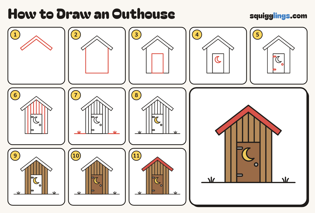 How to Draw an Outhouse step by step: all 11 steps in one picture